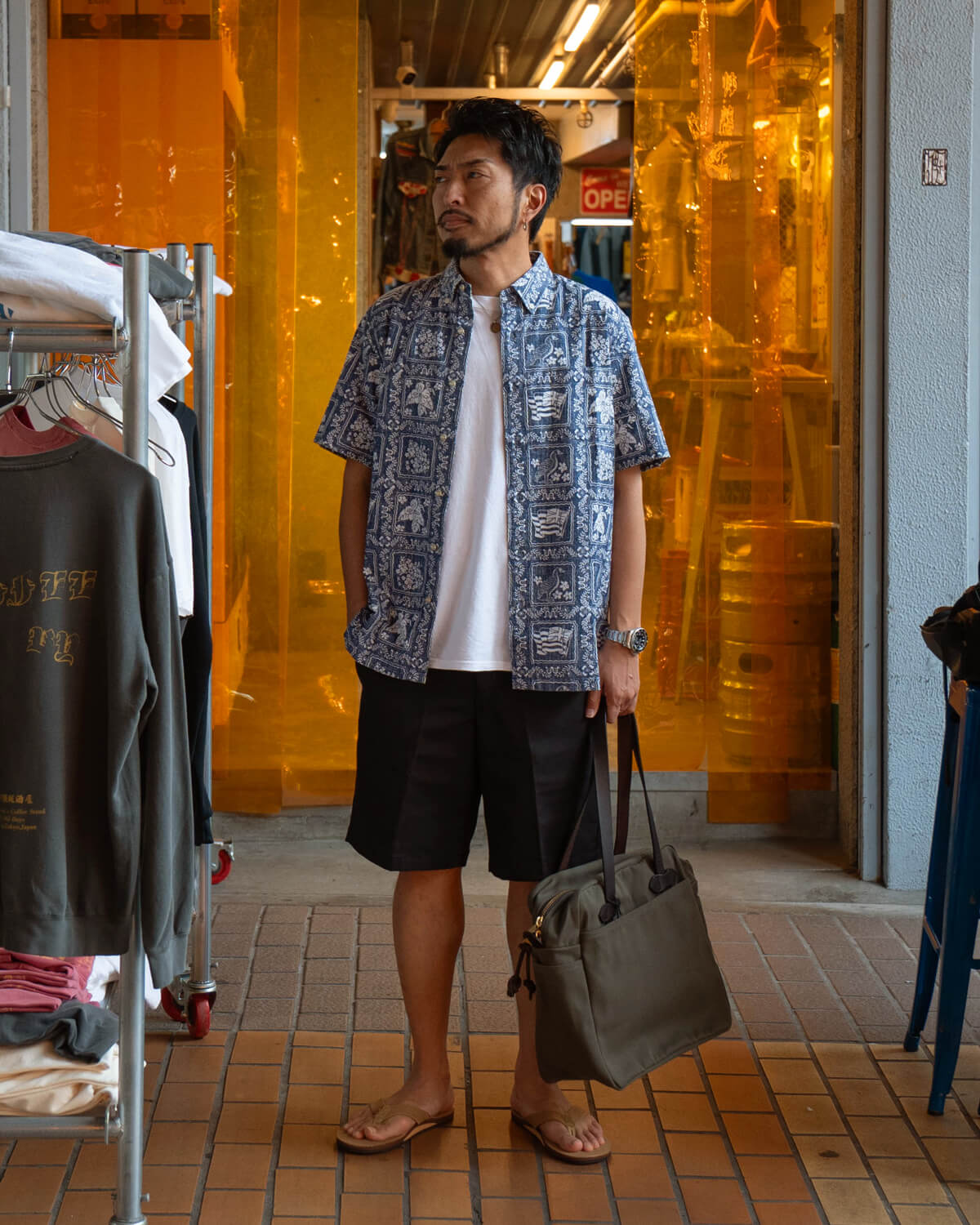 レインスプーナーのアロハシャツを使った夏の大人アメカジコーデ