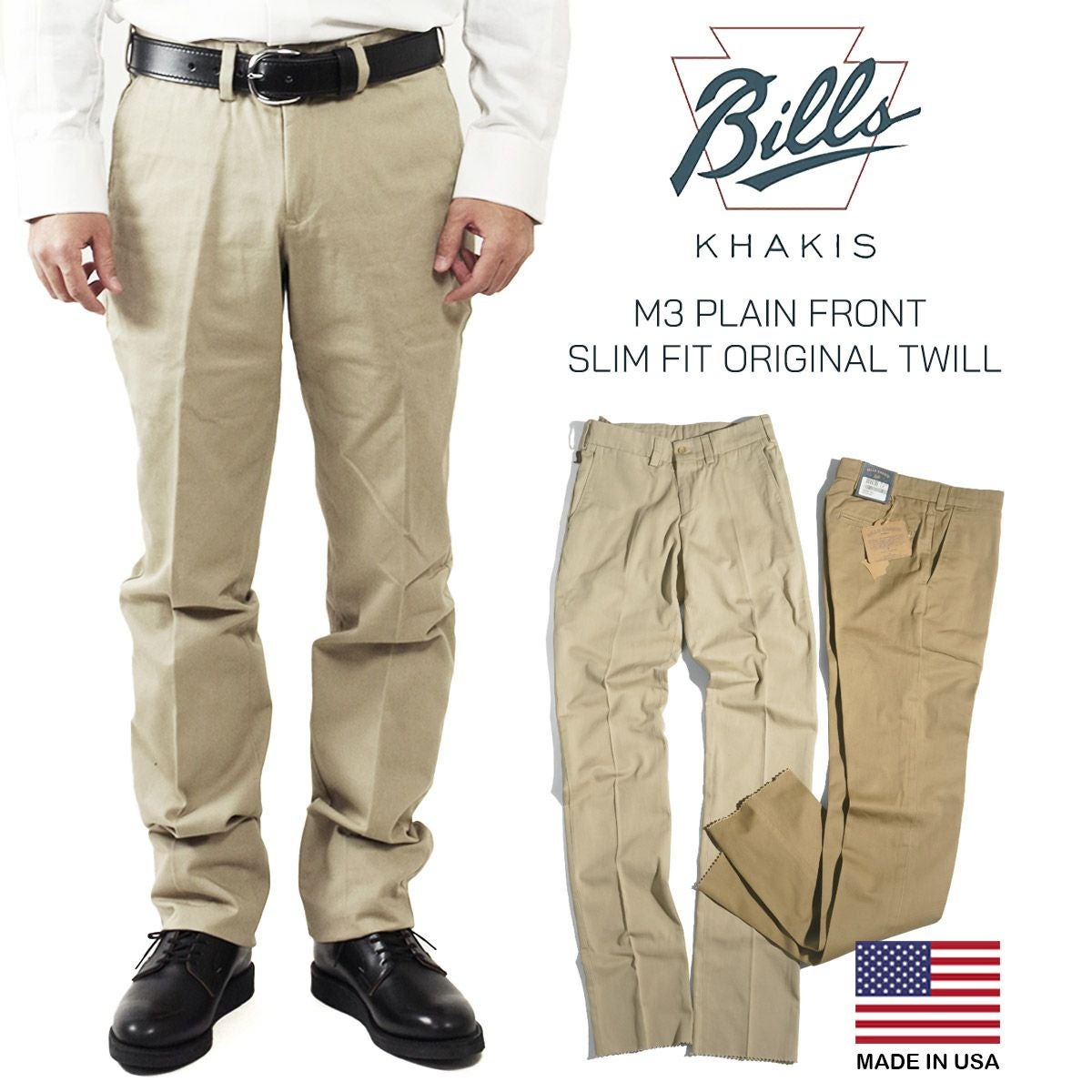 ビルズカーキBILLSKHAKISM3チノパンツスリムフィットオリジナルツイル｜チノパンメンズアメリカ製MADEINUSAPLAINFRONTSLIMFIT8.5オンス綿コットン100％チノクロスフィラデルフィアの自社工場生産カーキサイズ28-46