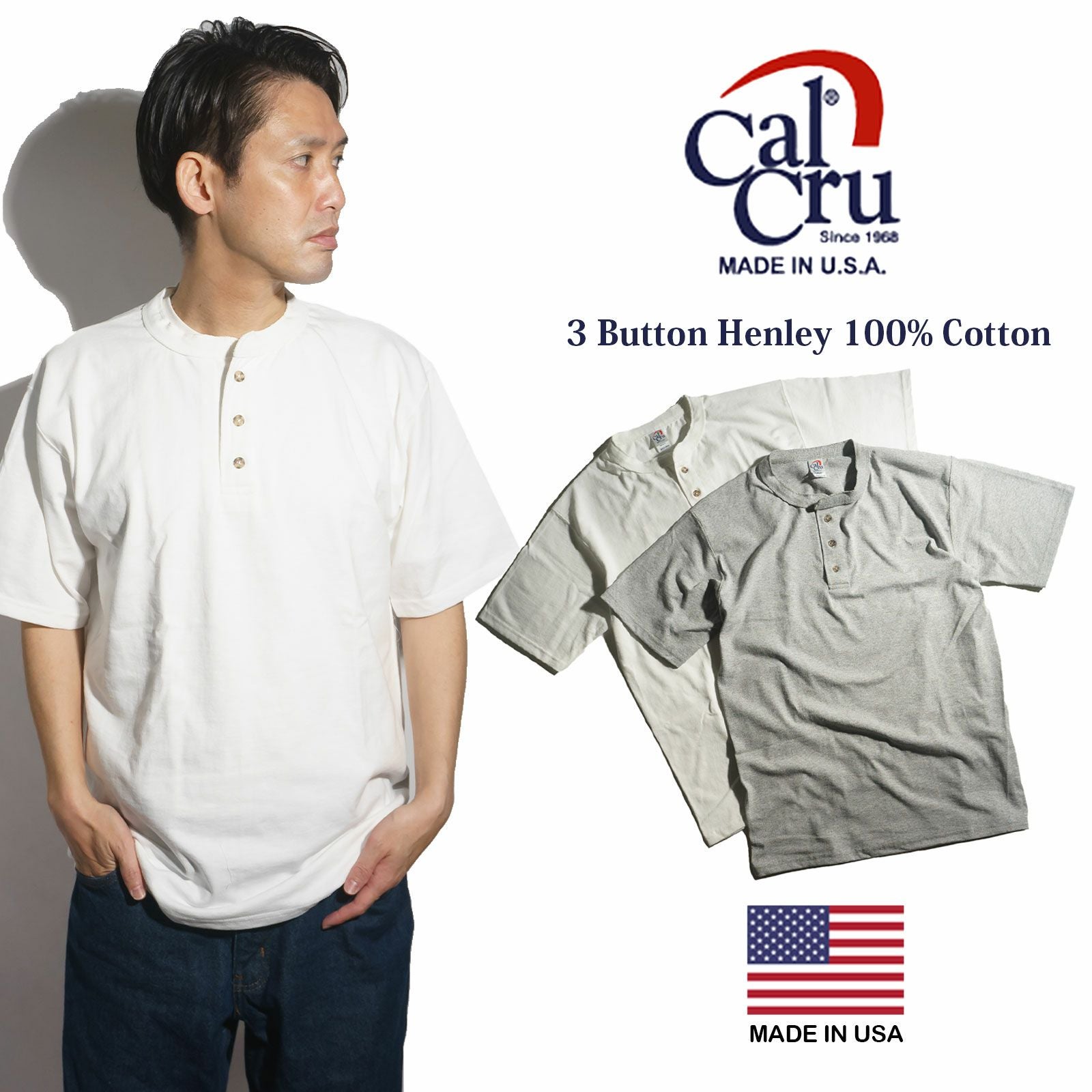 カルクルーCalCru半袖ヘンリーネックTシャツMADEINUSA