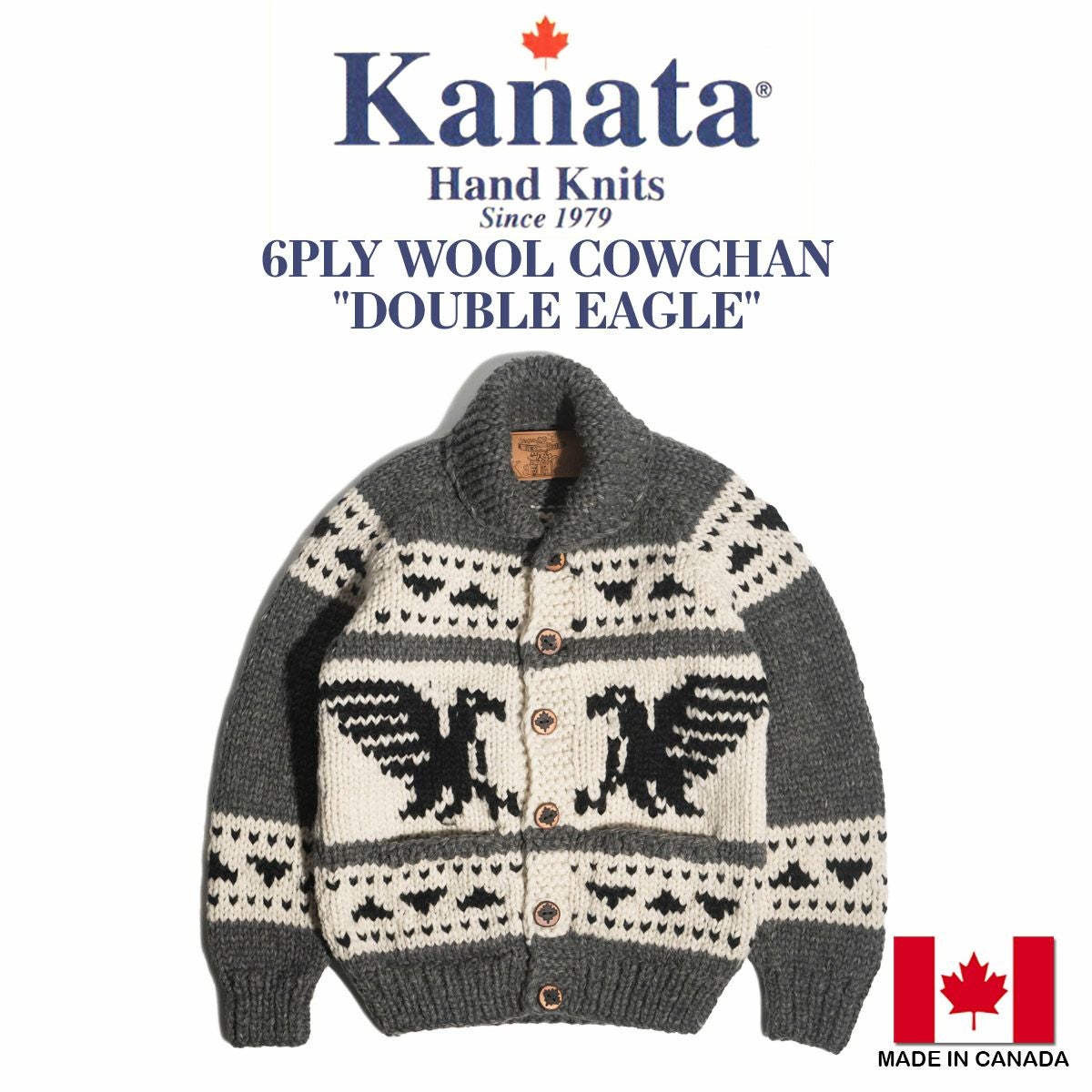 カナタKANATAカウチンセーター6プライウールダブルイーグルチャコールグレー(父の日カスタムメイド当店別注モデルカナダ製）