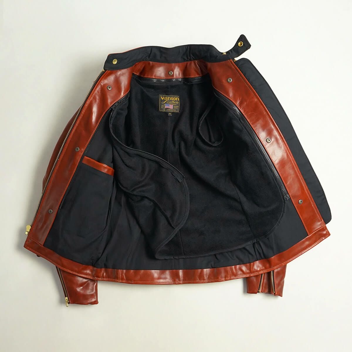 バンソンVANSONMODELBシングルライダースオクタゴン(アメリカ製米国製スタンドカラーレザージャケット革ジャンブラウン）