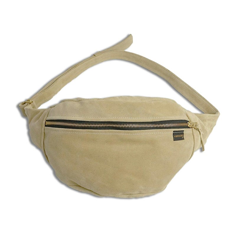 バンソンVANSONレザーポーチラージファニーパックタンスエード｜定番メンズレディースユニセックスLARGEFANNYPACK別注シンプル本革革バッグ鞄かばんスウェードベージュ内側にジップポケット
