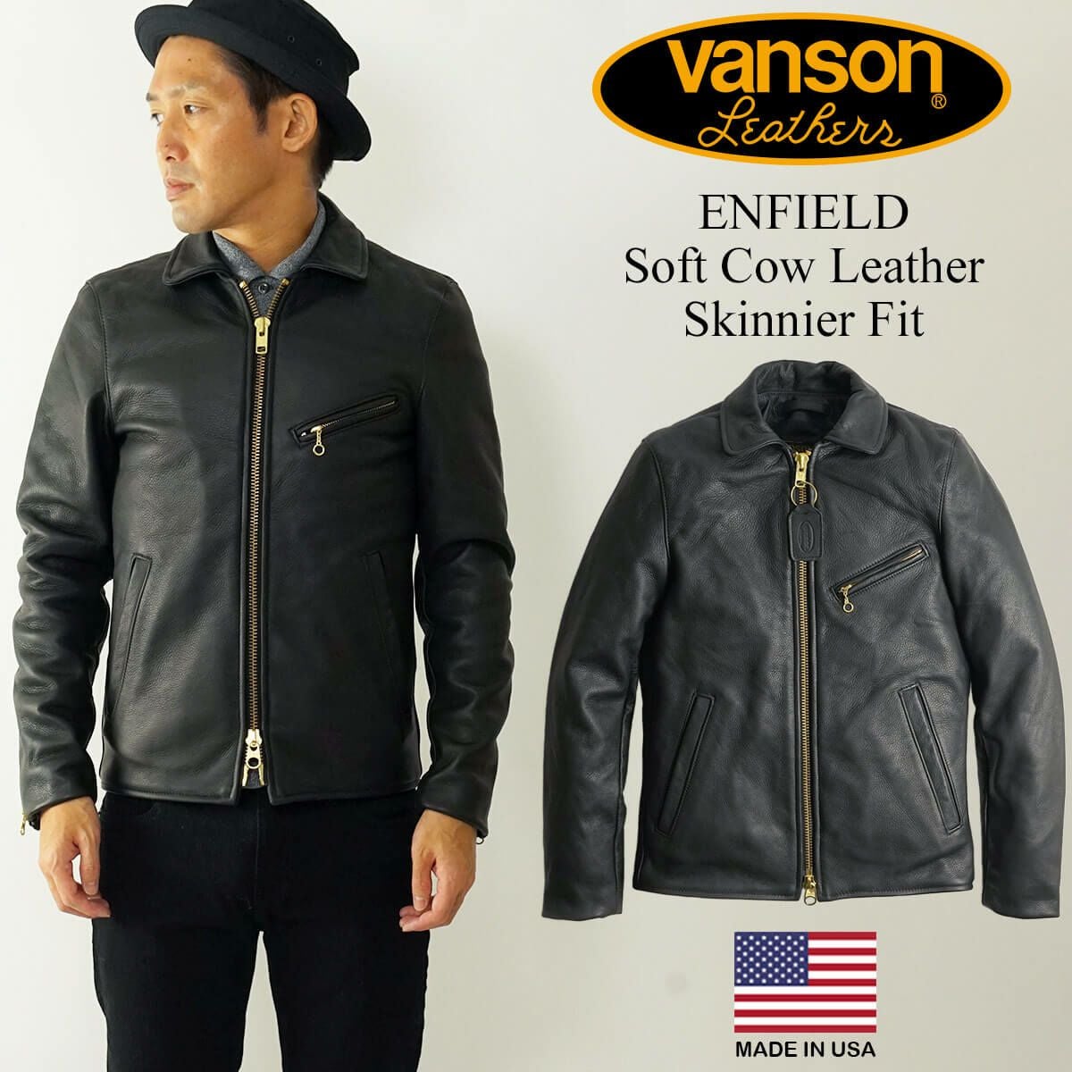 バンソンVANSONエンフィールド襟付きシングルライダースソフトカウレザースキニアーフィット(メンズアメリカ製ENFIELDレザージャケット革ジャン）