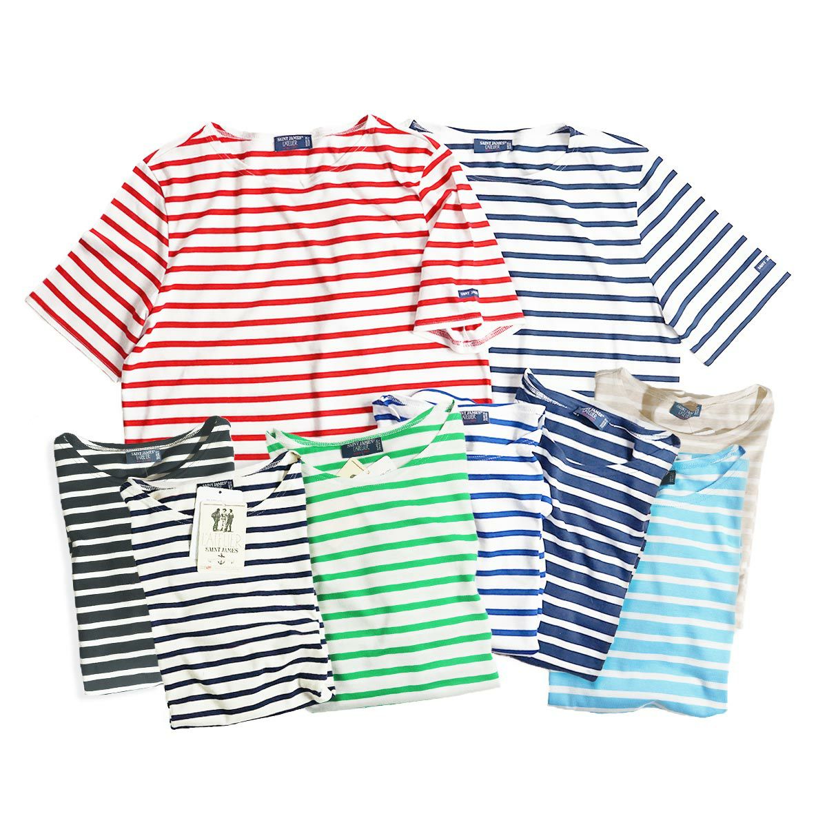 SAINT JAMES 半袖Tシャツ ホワイト/グリーンストライプ SAINT JAMES（セントジェームス） 日本正規品 ウエッソン 半袖 無地