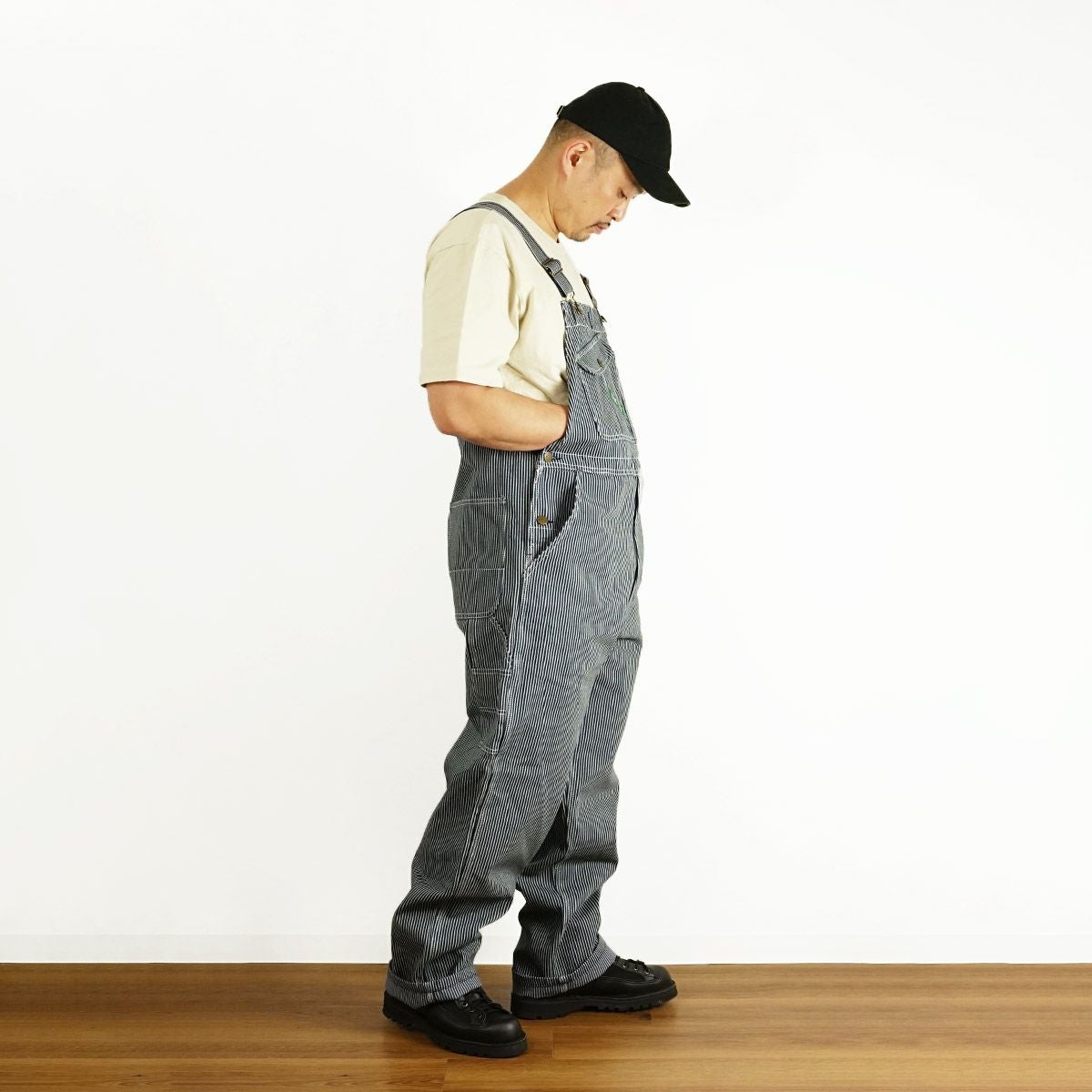 キーKEYヒッコリーストライプビブオーバーオール（273-47メンズ30-46インチ作業服作業着つなぎ12オンス）