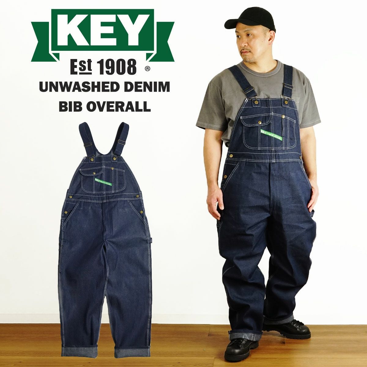 キーKEYデニムビブオーバーオール（273-41メンズ30-46インチ作業服作業着つなぎ12オンス）