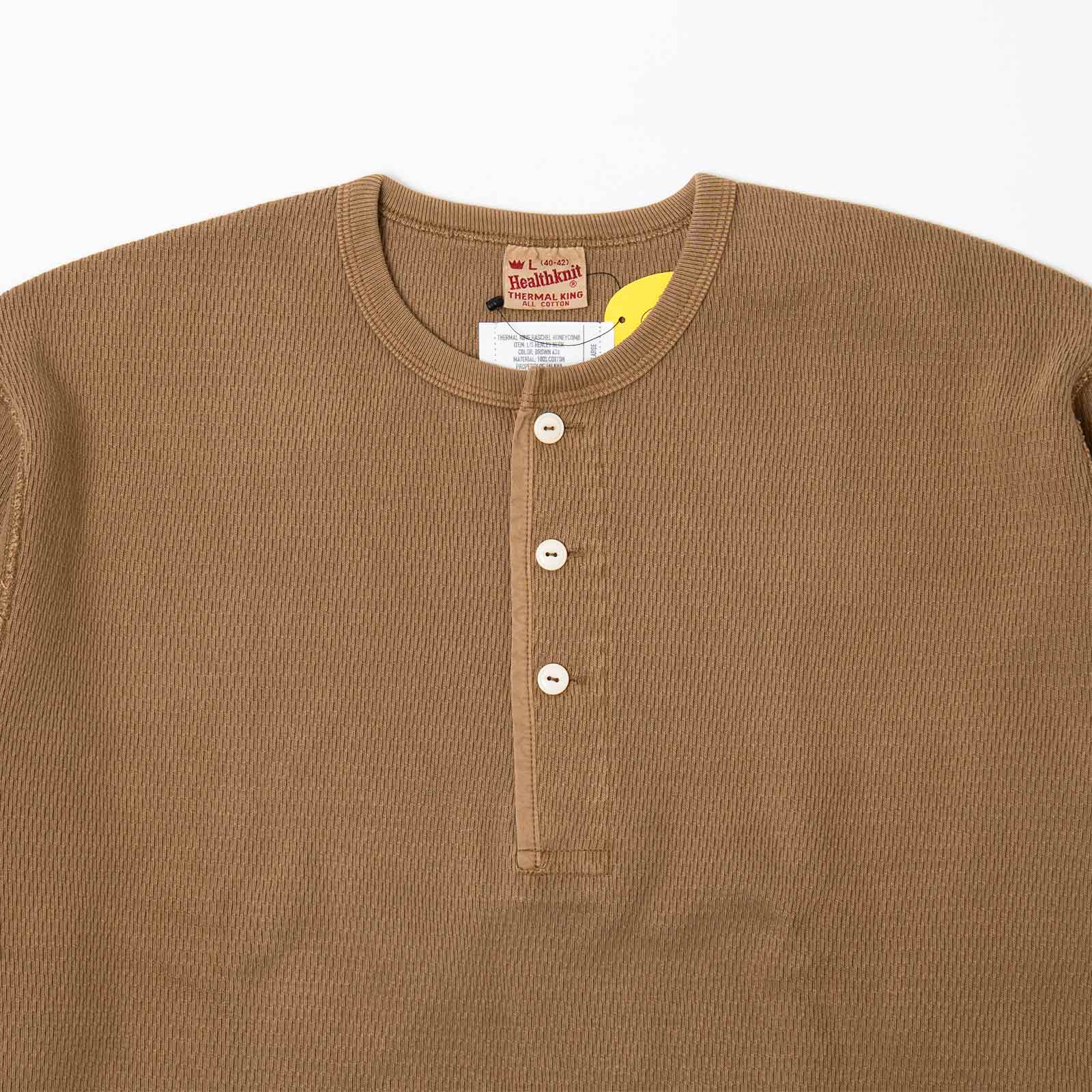 ヘルスニットHealthknit22024サーマルキングラッセルハニカムヘンリーネック長袖TシャツJalana別注BROWN436