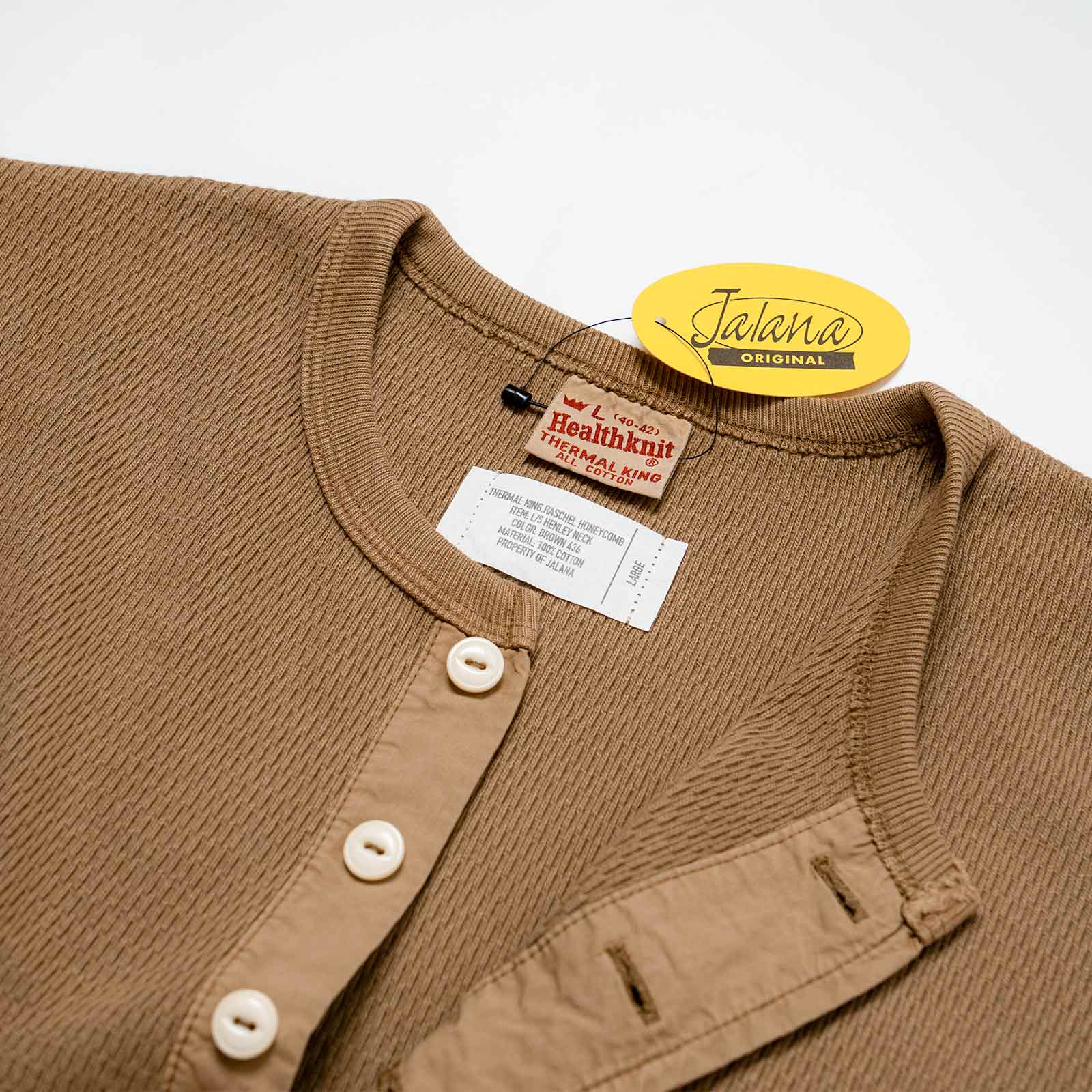 ヘルスニットHealthknit22024サーマルキングラッセルハニカムヘンリーネック長袖TシャツJalana別注BROWN436
