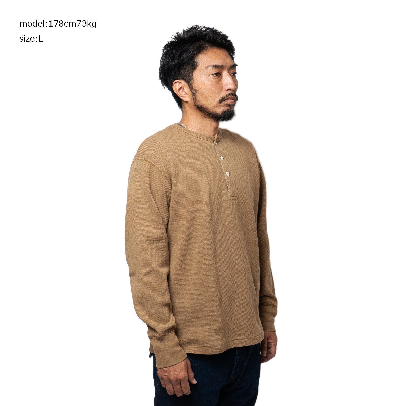 ヘルスニットHealthknit22024サーマルキングラッセルハニカムヘンリーネック長袖TシャツJalana別注BROWN436